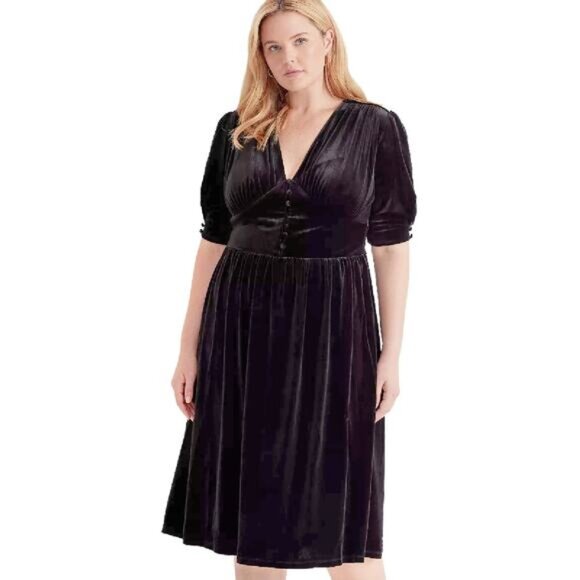 LAUREN Ralph Lauren Black Velvet V-Neck Puff Sleeve A-Line Midi Dress Size 2X - Picture 1 of 14